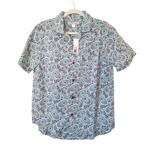 NWT OUTER KNOWN Mens Short Sleeve Button Up Shirt ORGANIC Blue Print Size S